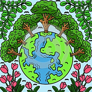 Earth Day Trees Crowning Earth Colored Cartoon