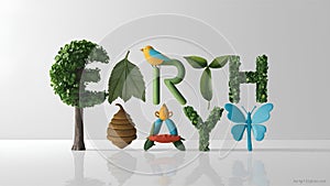 Earth Day Unique letter shapes Incorporates nature elements like leaves, trees, animals, flower, beehive, eco friendly theme