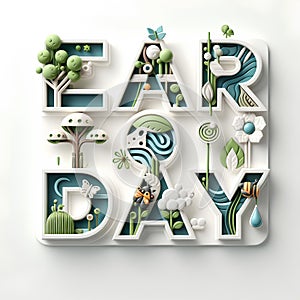 Earth Day Unique letter shapes Incorporates nature elements like leaves, trees, animals, flower, beehive, eco friendly theme