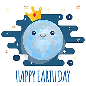 Earth Day vector background. Cartoon globe with golden crown and stars for April 22 celebration. Ecology theme