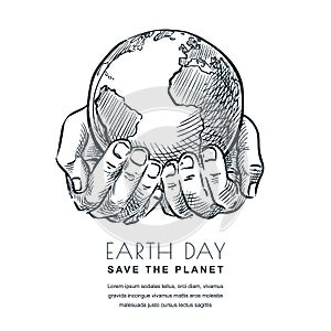Earth Day vector sketch illustration. Hands holding Earth planet. Banner, poster design for environmental ecology themes
