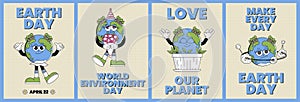 Earth day or World Environment Day set poster. Retro Earth character cartoon groovy style. Funky globe flyer with