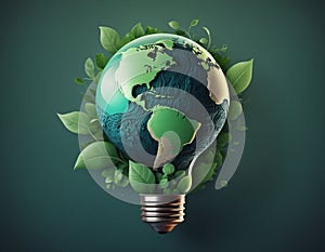 Creative concept of earth with greenery in a lightbulb shape, environmental sustainability, renewable energy idea. Generative AI
