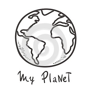 Earth. doodle cartoon vector and illustration, black and white, hand drawn, sketch style, isolated on white background. monochrome