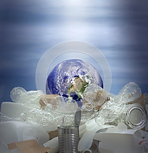 The Earth drowning in recyclable plastic and trash with storm background