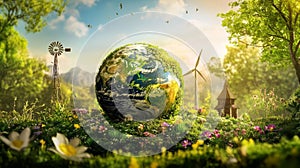 Earth in eco-paradise with renewable energy symbols photo