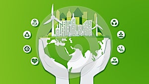 Earth Ecological Green city and icons with eco friendly concept
