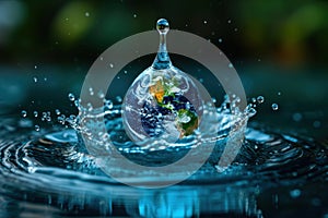 Earth embedded in a water drop a tiny world encapsulated in a droplet showcasing the beauty of natures harmony, water conservation