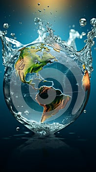 Earth emerges as a globe within transparent water, accented by graceful splashes