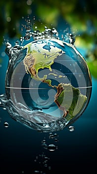 Earth emerges as a globe within transparent water, accented by graceful splashes