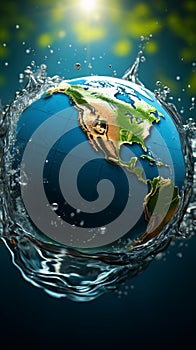 Earth emerges as a globe within transparent water, accented by graceful splashes