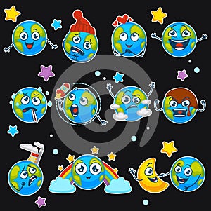 Earth emoji smiles of planet cartoon emoticons with different expressions vector isoalted icons set