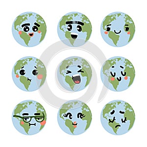 Earth emotions. Cartoon planet with funny faces. Happy or sad expressions. Environment comic smiling signs. Various