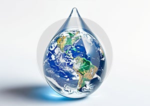 Earth Encased in a Water Droplet on White Background. World Water Day, Earth Day,World Day to Combat Desertification and Drought