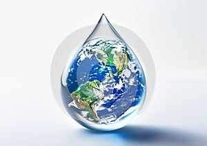 Earth Encased in a Water Droplet on White Background. World Water Day, Earth Day,World Day to Combat Desertification and Drought