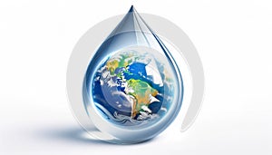 Earth Encased in a Water Droplet on White Background. World Water Day, Earth Day,World Day to Combat Desertification and Drought