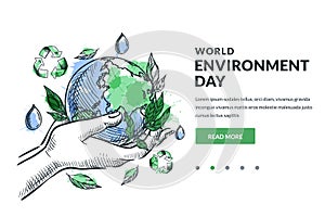 Earth Environment Day vector illustration. Hands holding planet with leaves, water, recycle symbols. Ecology concept