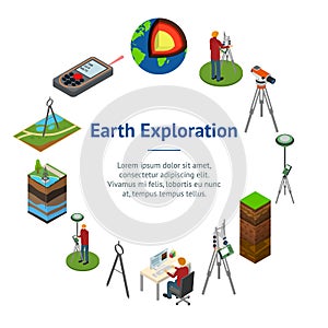 Earth Exploration Concept Banner Card Circle 3d Isometric View. Vector