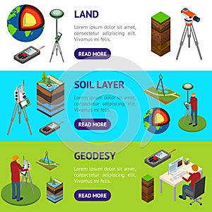 Earth Exploration Concept Banner Horizontal Set 3d Isometric View. Vector