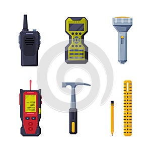 Earth Exploration and Geological Tools with Radio Transmitter, Light, Hammer and Ruler Vector Set