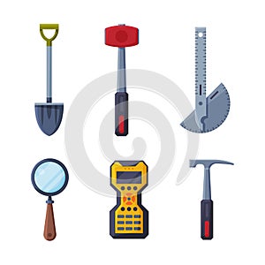 Earth Exploration and Geological Tools with Shovel, Hammer, Ruler, Magnifying Glass and Radio Transmitter Vector Set