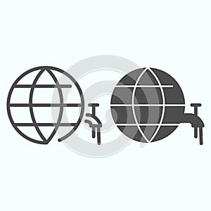 Earth and faucet line and glyph icon. Planet with water tap vector illustration isolated on white. Save water outline