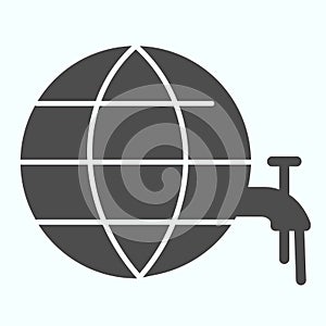 Earth and faucet solid icon. Planet with water tap vector illustration isolated on white. Save water glyph style design