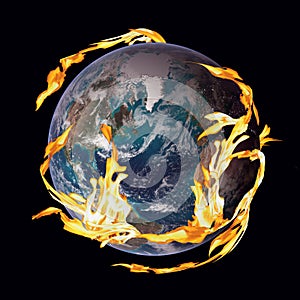 Earth on Fire. Flames surround the planet earth.