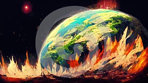 Earth on fire, flames surrounding the planet