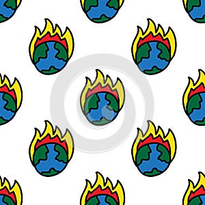 Earth on fire seamless doodle pattern, vector illustration