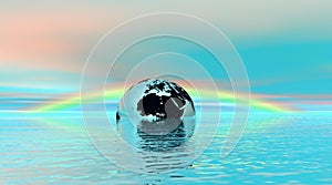 Earth floating in water with rainbow behind