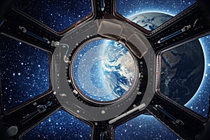 Earth and galaxy in spaceship international space station window photo