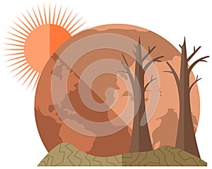 Earth global warming poster mockup. Dried, hot and red planet globe under scorching rays of sun