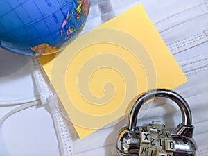 Earth global worldwide lockdown with text space on white globe combination padlock lock background