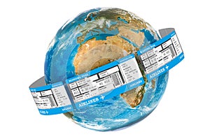 Earth Globe with airline tickets around, 3D rendering