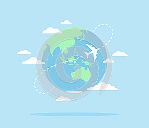Earth globe with an airplane, transport route and clouds on a blue background. Flat vector illustration