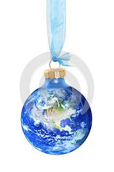 Earth globe as a Christmas bauble on white