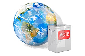 Earth Globe with ballot box. 3D rendering isolated on white background