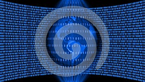 Earth globe behind lines of binary code inside a light beam in the shape of a double sided cone in front of a wall of binary code