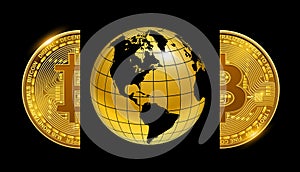 Earth globe with bitcoin split in half