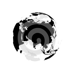 Earth globe with black world map. Focused on Asia. Flat vector illustration