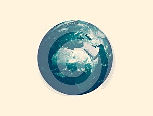 The Earth globe in blue green on white background. Continent Africa, Arabian Peninsula, Persian Gulf, Arabian Gulf silhouette.