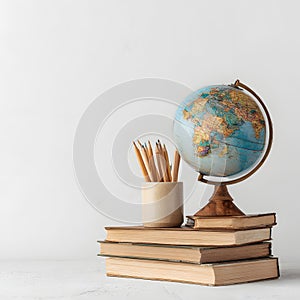 Earth Globe with Books Representing a Study Space, Learning, Education, and Global Knowledge Environment