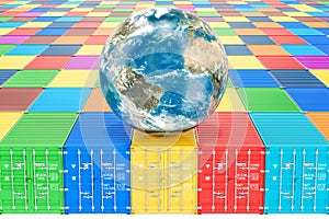 Earth Globe on the cargo containers. Global cargo shipping and d