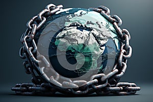 Earth globe in chains, 3d render, 3d illustration. Ai generative