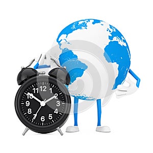 Earth Globe Character Mascot with Alarm Clock. 3d Rendering