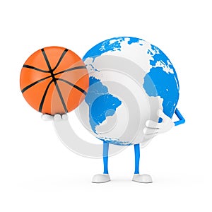 Earth Globe Character Mascot with Basketball Ball. 3d Rendering