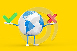 Earth Globe Character Mascot with Red Cross and Green Check Mark, Confirm or Deny, Yes or No Icon Sign. 3d Rendering