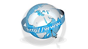 Earth globe with circulating banner and internet text - http www - shadow on the floor on white background