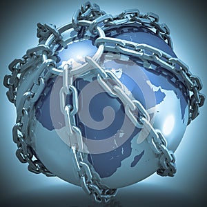 Earth globe close in chain